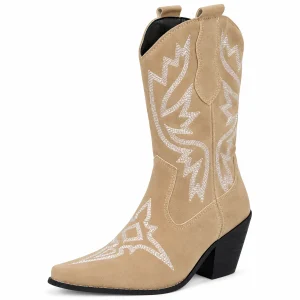 Bottes western femme beiges avec motifs clairs en cuir de mode décontractée