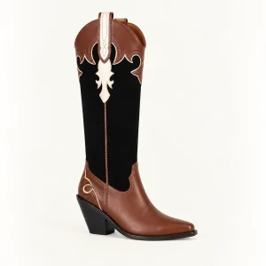Bottes western femmes bicolores avec motifs contrastants en cuir authentique