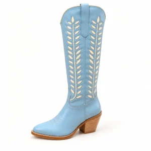 Bottes western femme bleu ciel brodées avec talon carré élégantes