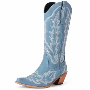 Bottes western femme bleues avec broderies contrastantes élégantes