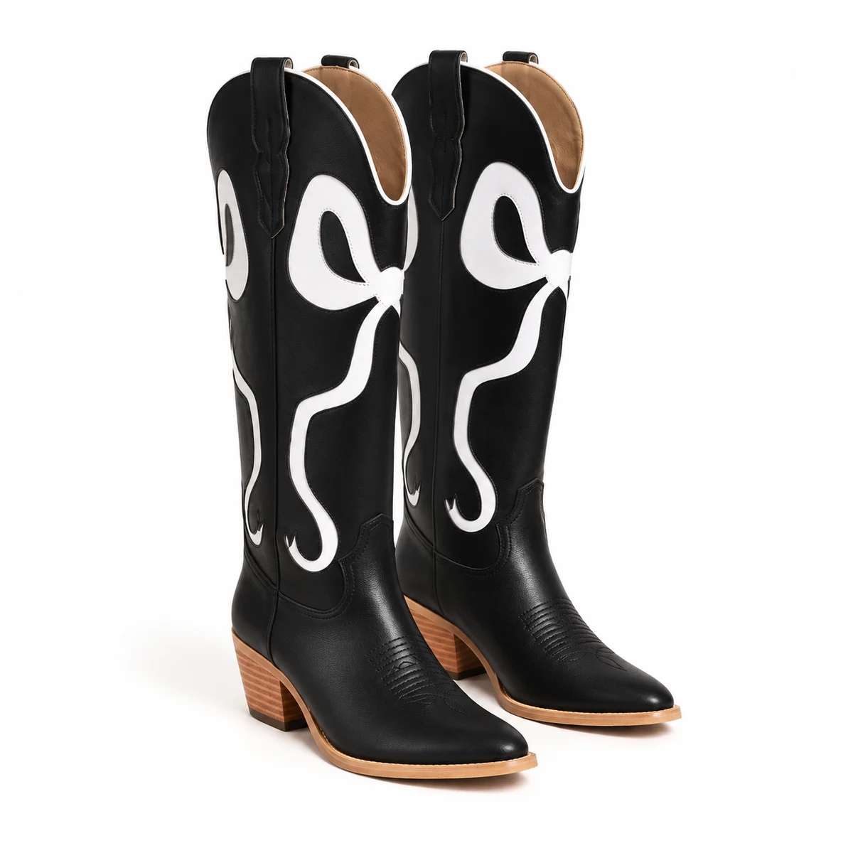 Bottes western femme noires avec motifs blancs élégantes