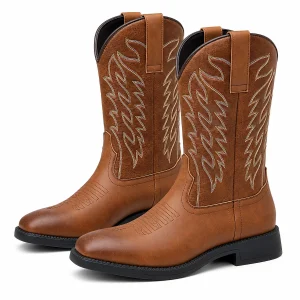 Bottes western homme marron à broderies en flammes