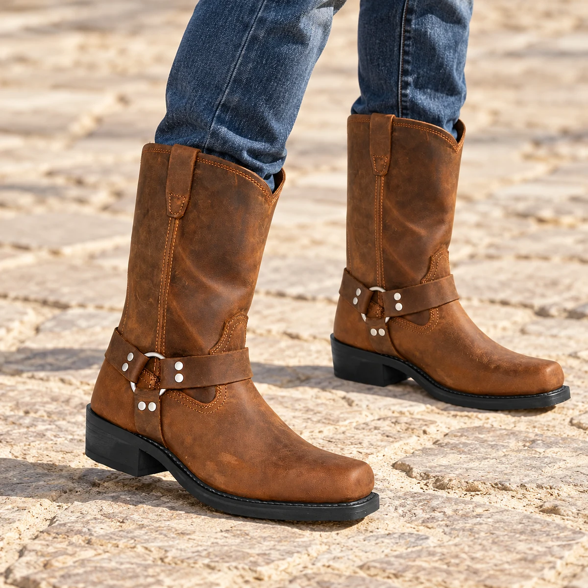 Vue rapprochée des bottes western homme marron à rivets