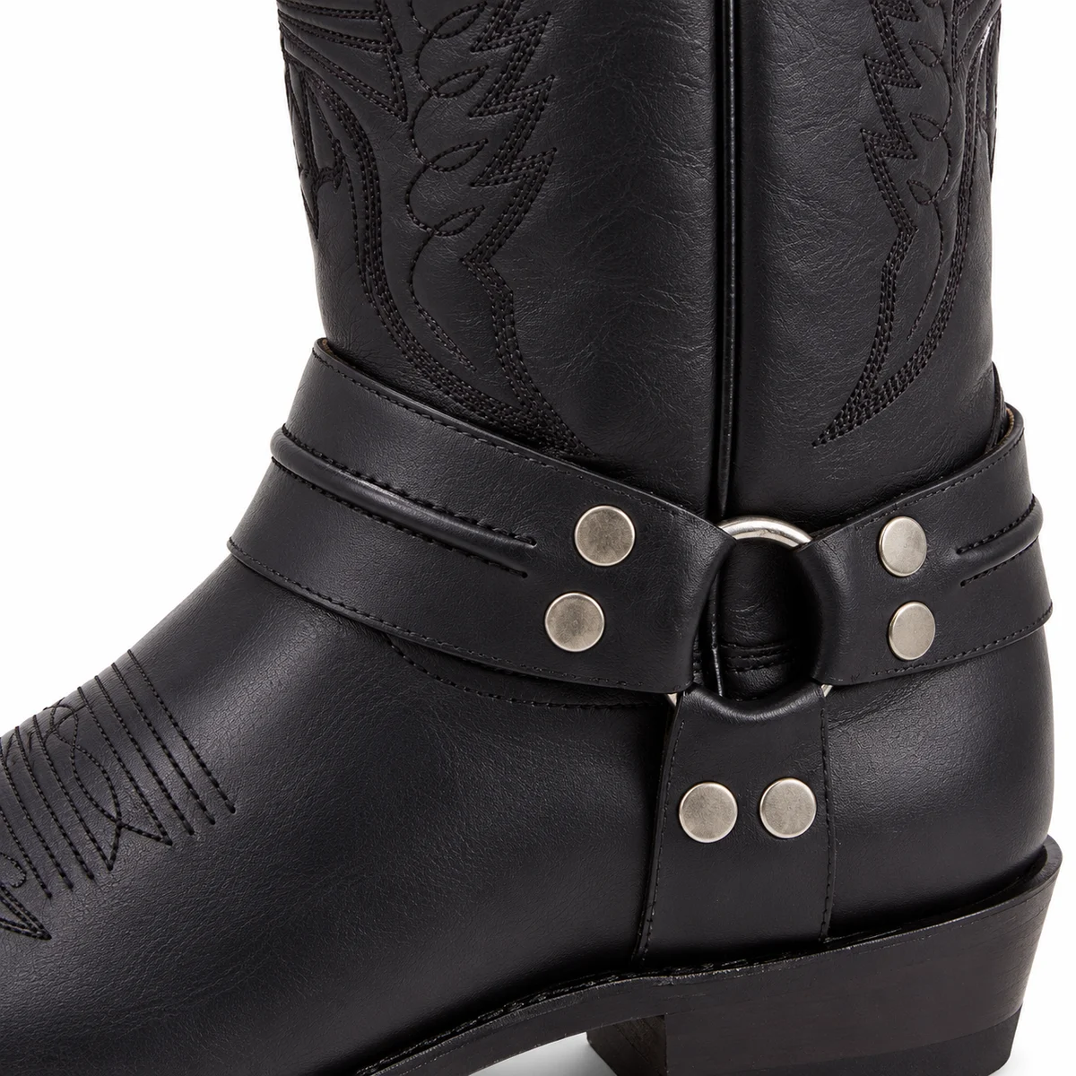 Bottes western masculines en cuir noir à double bride et finition rivetée