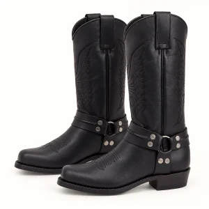 Bottes western homme noires à double bride rivetée et toque élégante