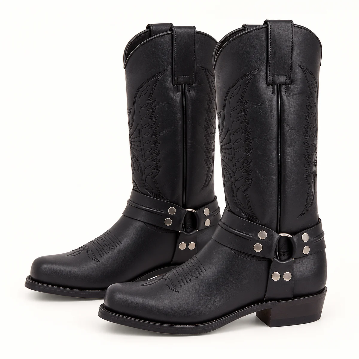 Bottes western homme noires à double bride rivetée et toque élégante