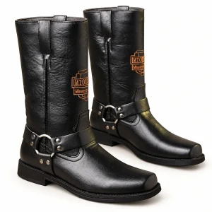 Bottes western homme noires à harnais et anneau