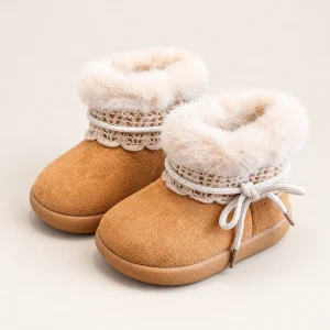 Bottines bébé fille marron avec nœud et dentelle douce pour hiver