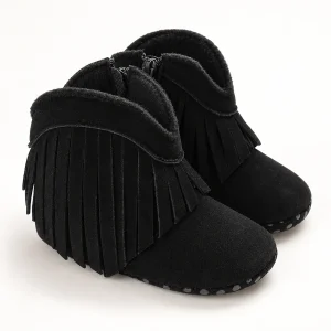 Bottines bébé fille noires avec franges et scratch pour mode enfant
