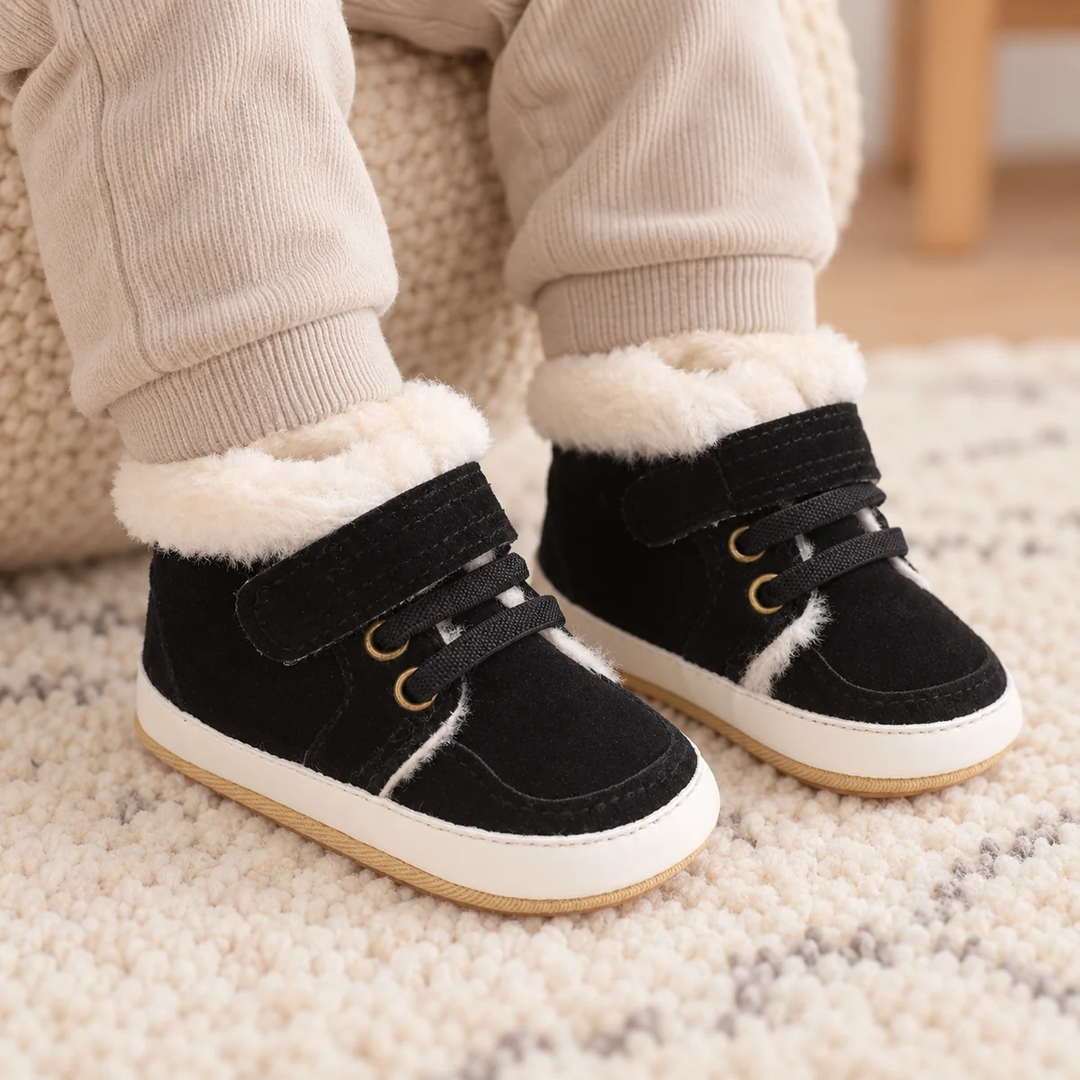 Close-up de bottines bébé noires à scratch avec détail col clair