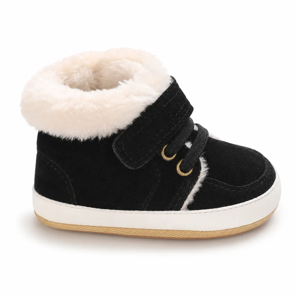 Bottines bébé confortables noires à scratch et col clair en cuir doux