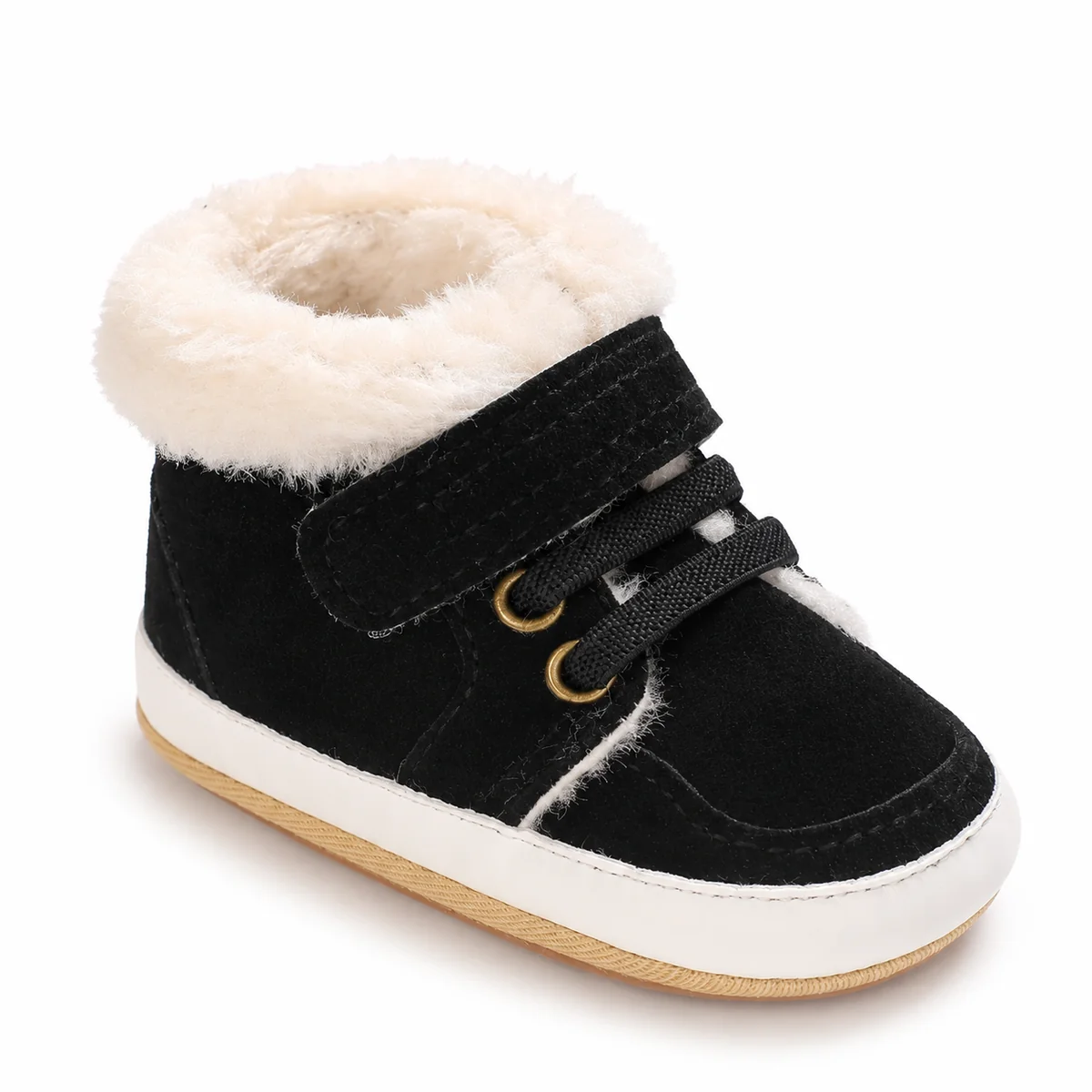 Bottines bébé noires à scratch avec col clair pour garçon