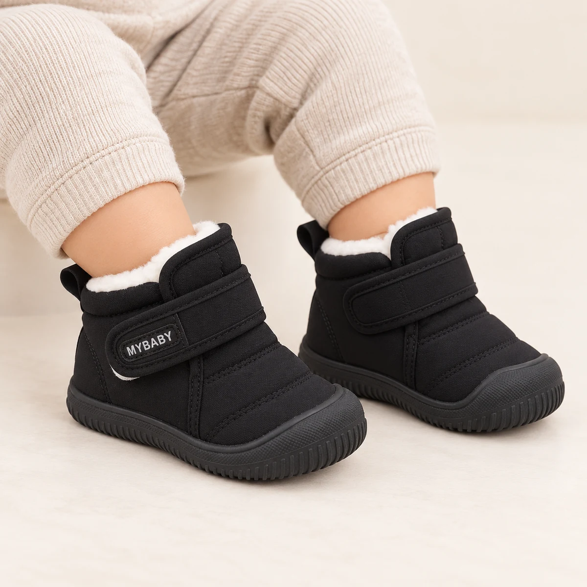 Jeune enfant portant des bottines bébé noires à scratch douces et chaudes