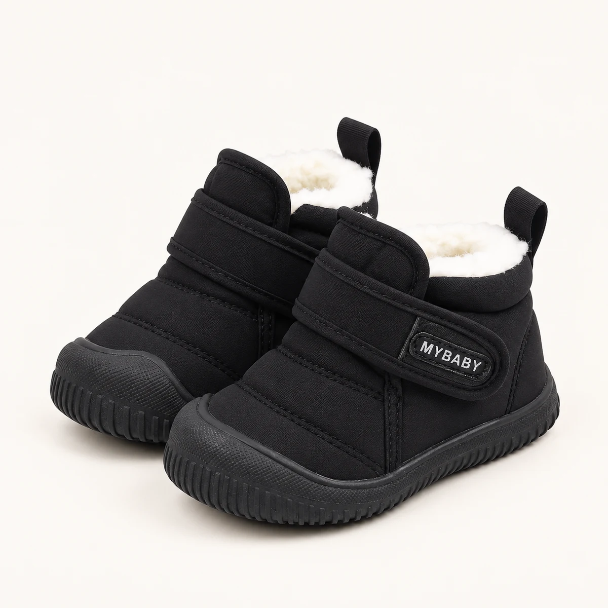 Bottines bébé noires fourrées matelassées à scratch pour hiver
