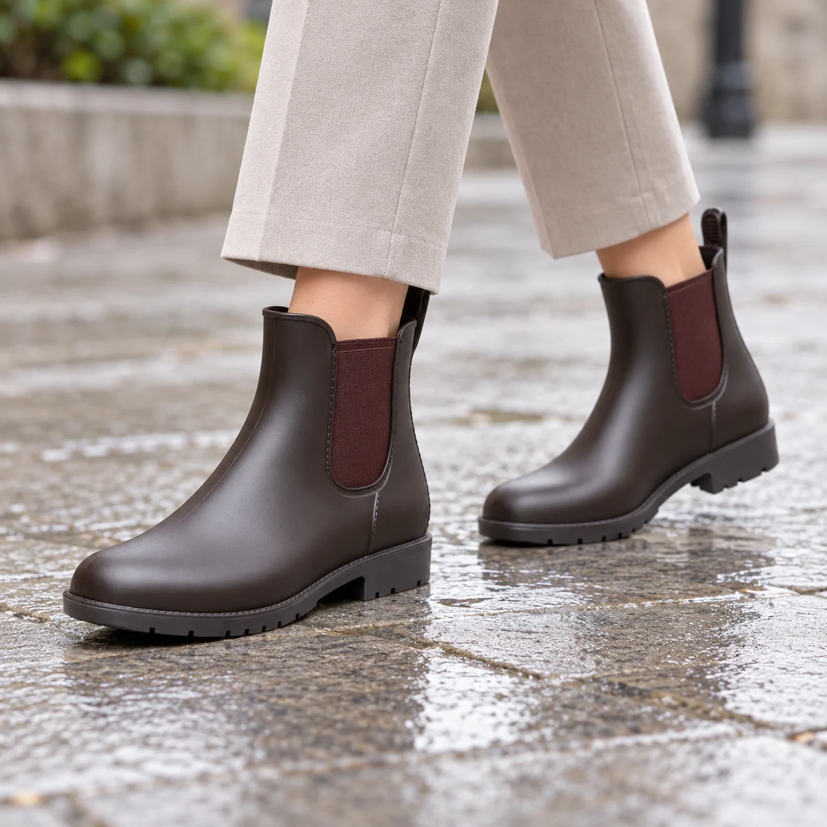 Femme portant des bottines Chelsea marron étanches pour la pluie avec semelle antidérapante
