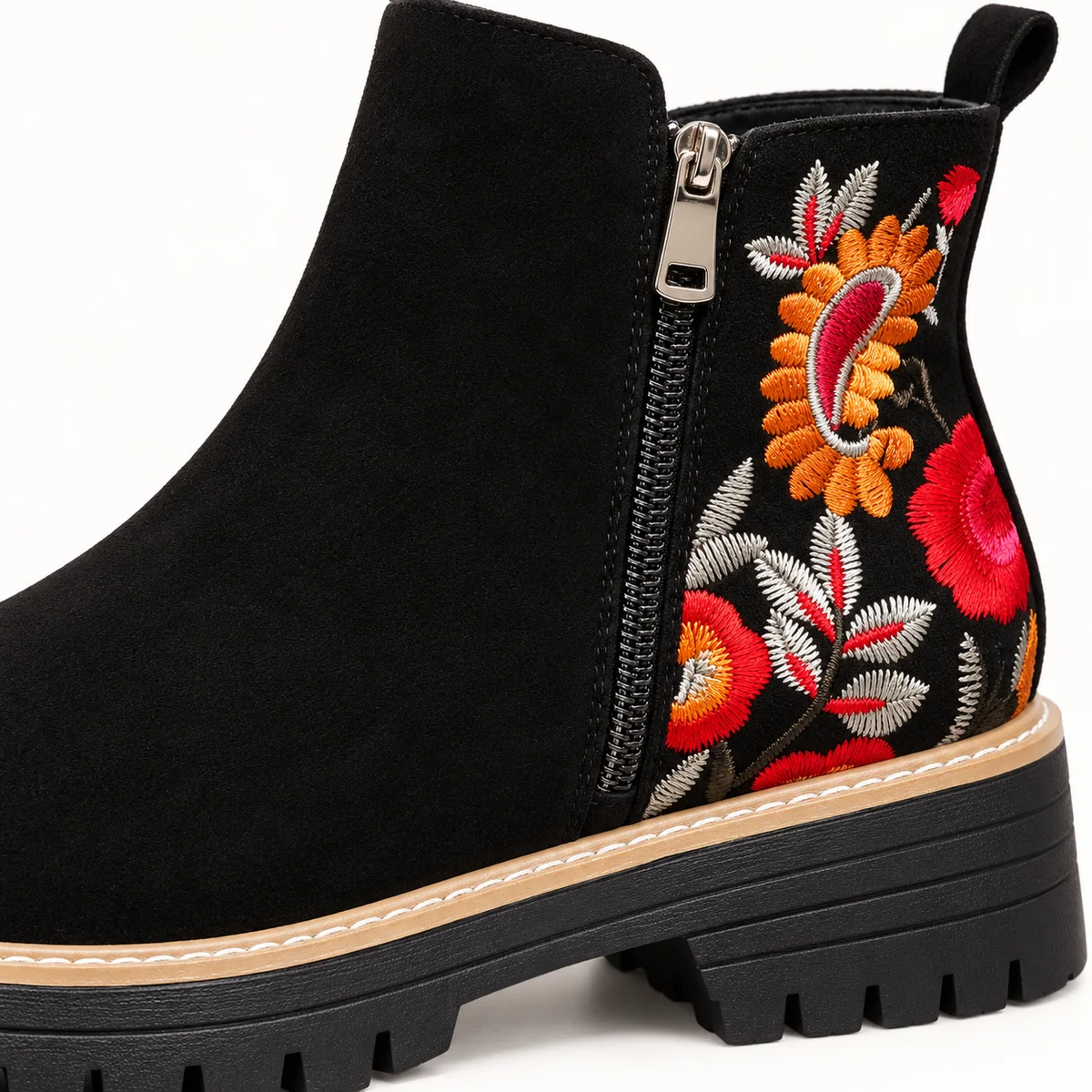 Chaussures Chelsea femme noires à motifs floraux multicolores adaptées à la mode féminine