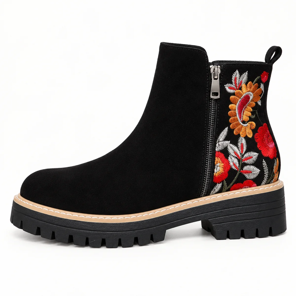 Vue rapprochée des bottines Chelsea femme noires avec imprimé floral coloré