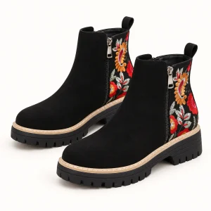 Bottines Chelsea femme noires à fleurs multicolores élégantes et confortables