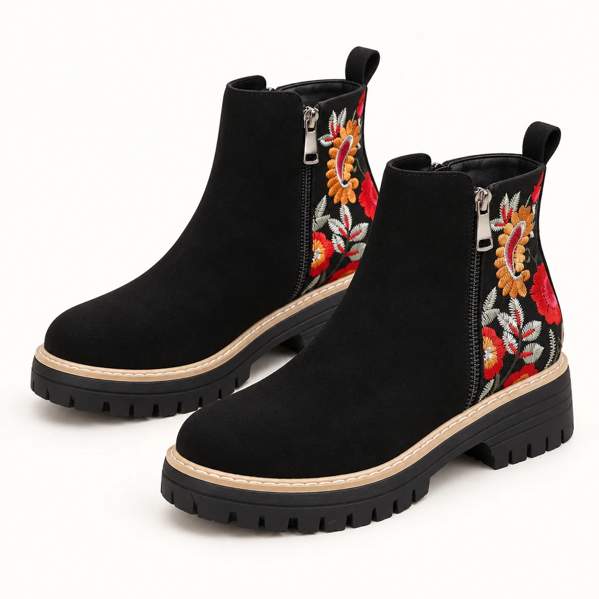 Bottines Chelsea femme noires à fleurs multicolores élégantes et confortables