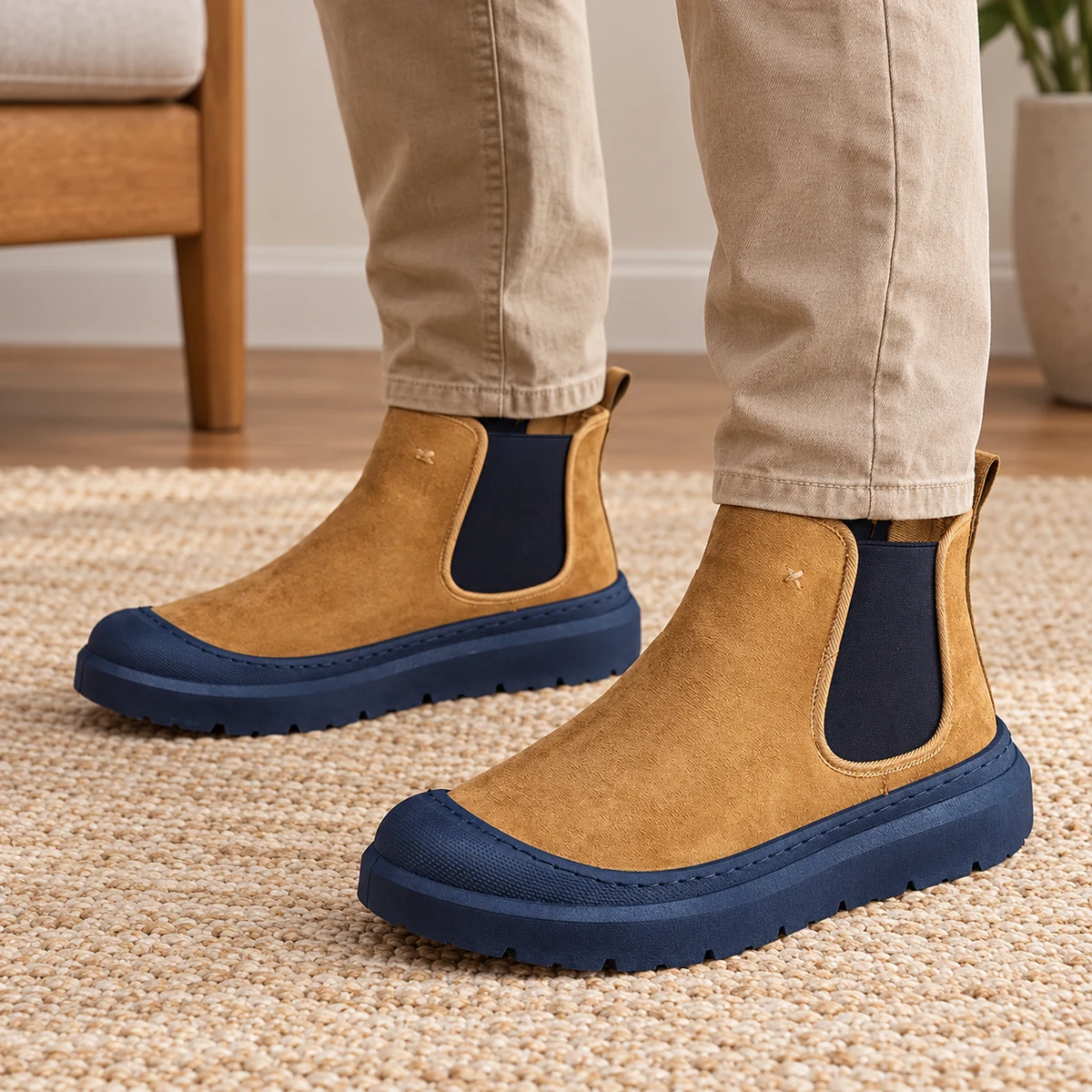 Vue de face des bottines Chelsea homme à semelle contrastée modernes