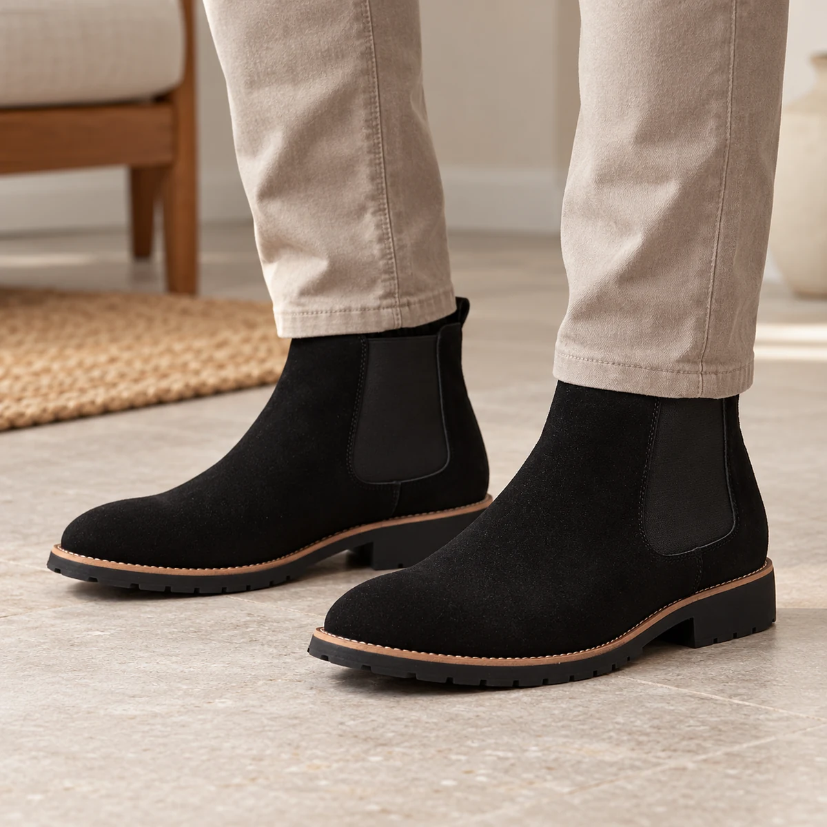 Chaussures Chelsea pour homme noires avec détails camel
