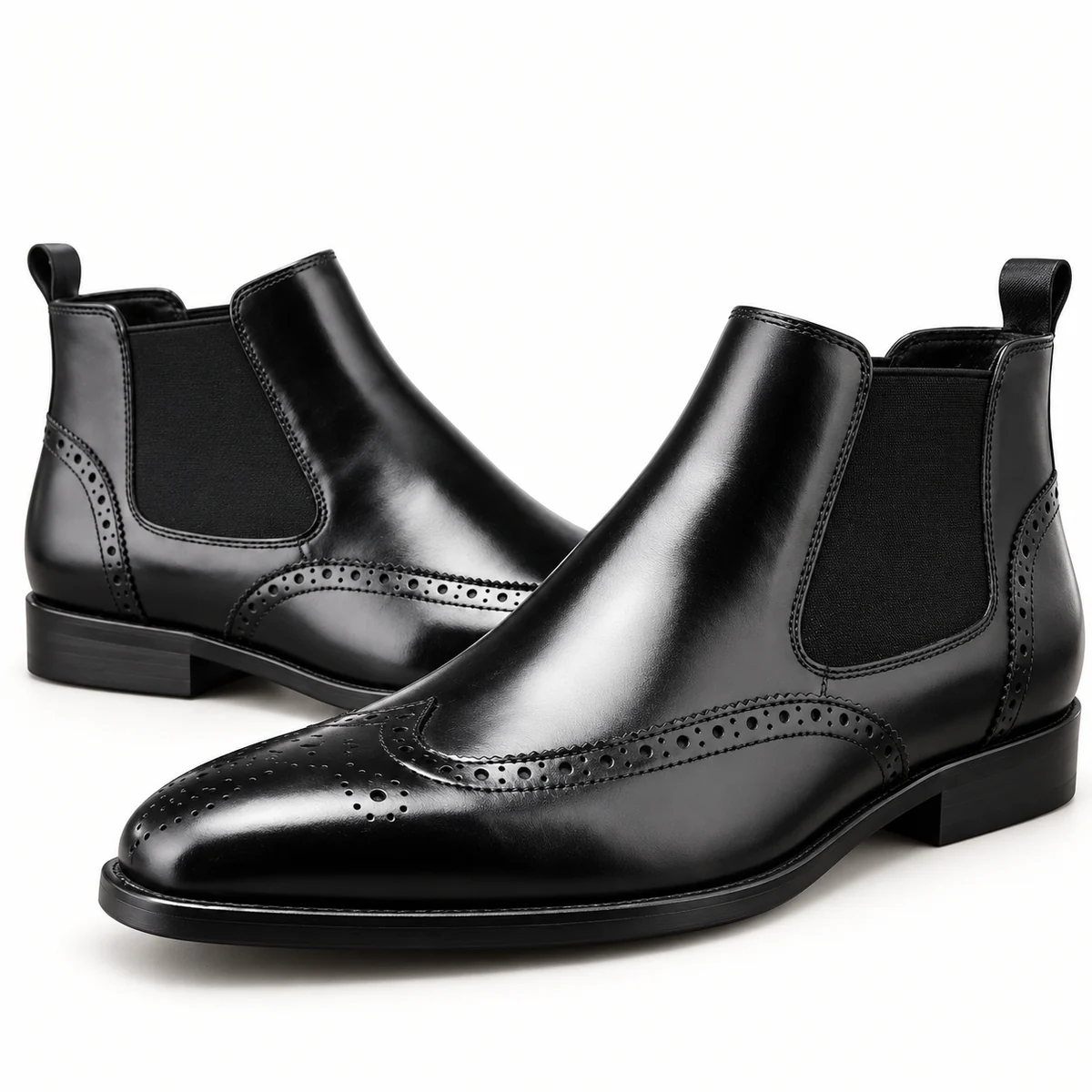 Vue latérale de bottines Chelsea homme noires à bout fleuri pour style moderne