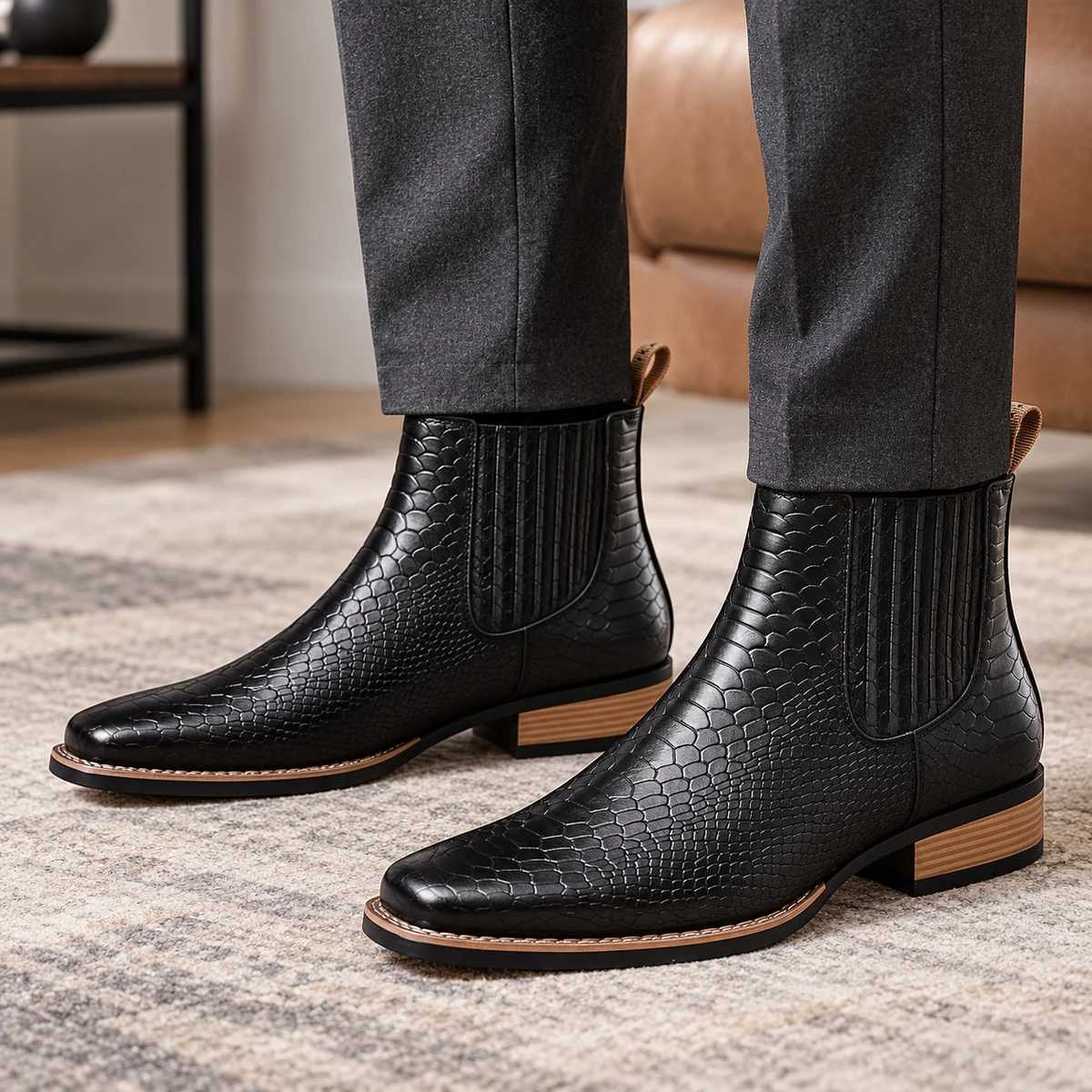 Chaussures Chelsea pour homme noires à motif reptile et talon confortable