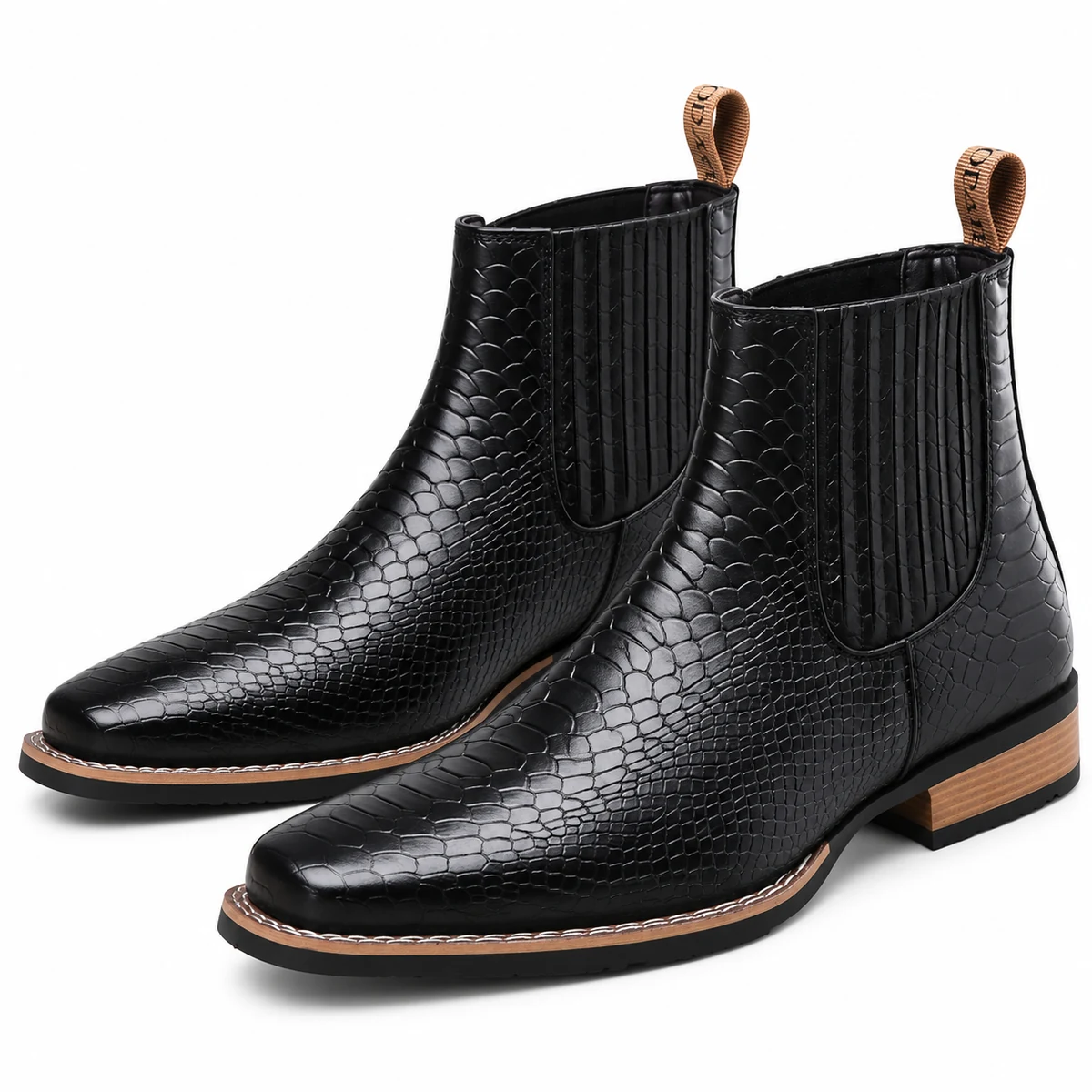 Chaussures Chelsea homme noires avec design reptile et talon haut