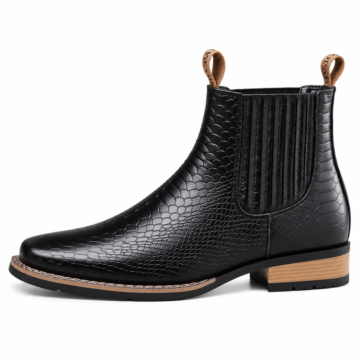 Bottines noires en cuir avec motif reptile et talon pour homme moderne
