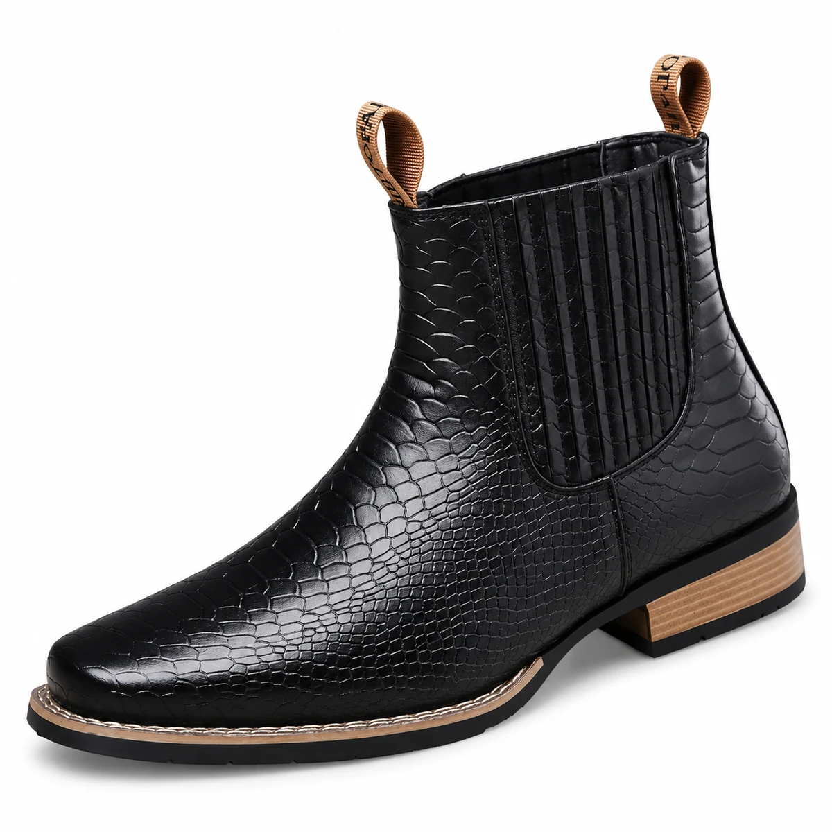 Bottines Chelsea homme noires avec motif reptile et talon élégant