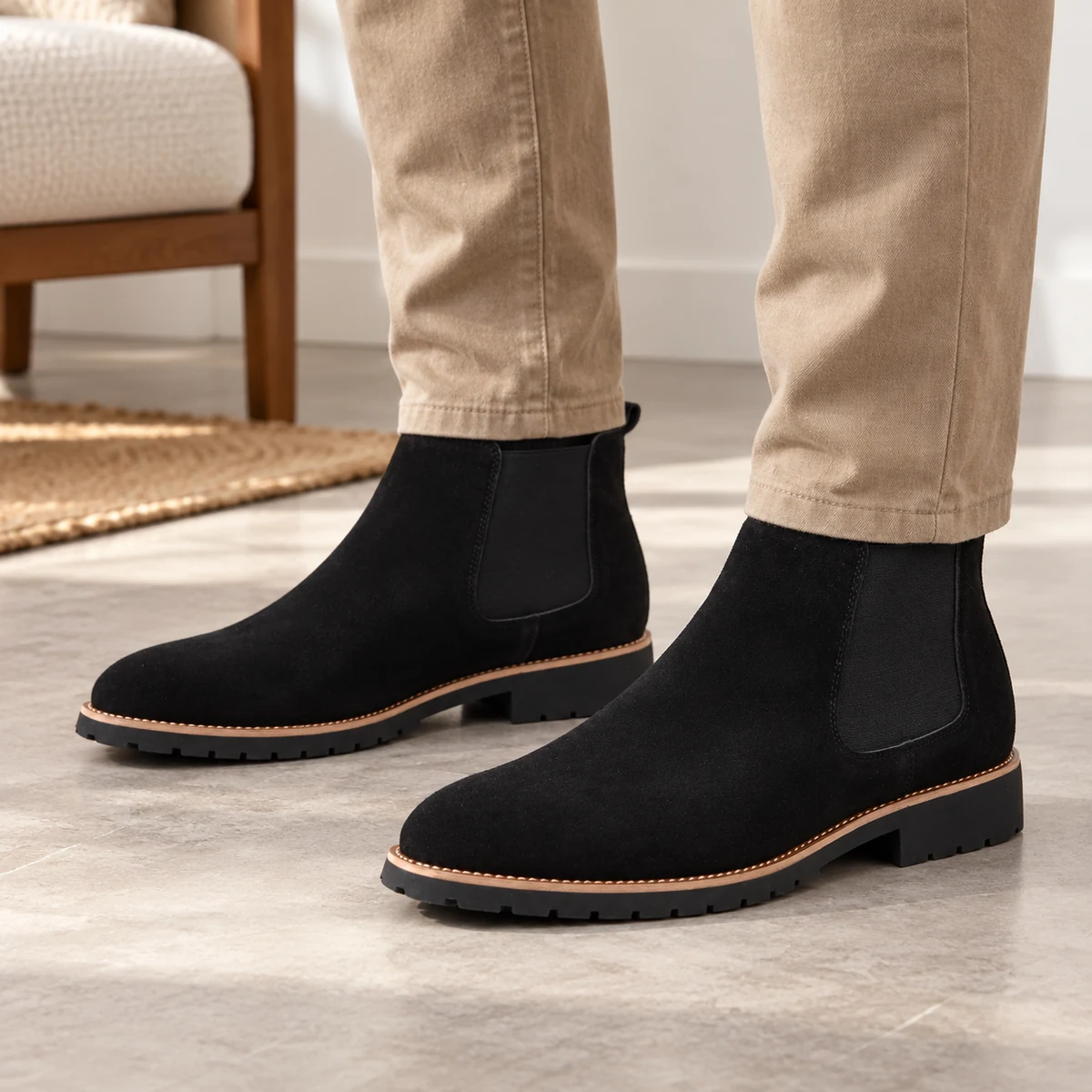 Détail de la semelle crantée et du bord des bottines Chelsea pour homme noir