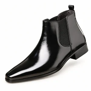 Bottines Chelsea homme noires brillantes à bout effilé en cuir