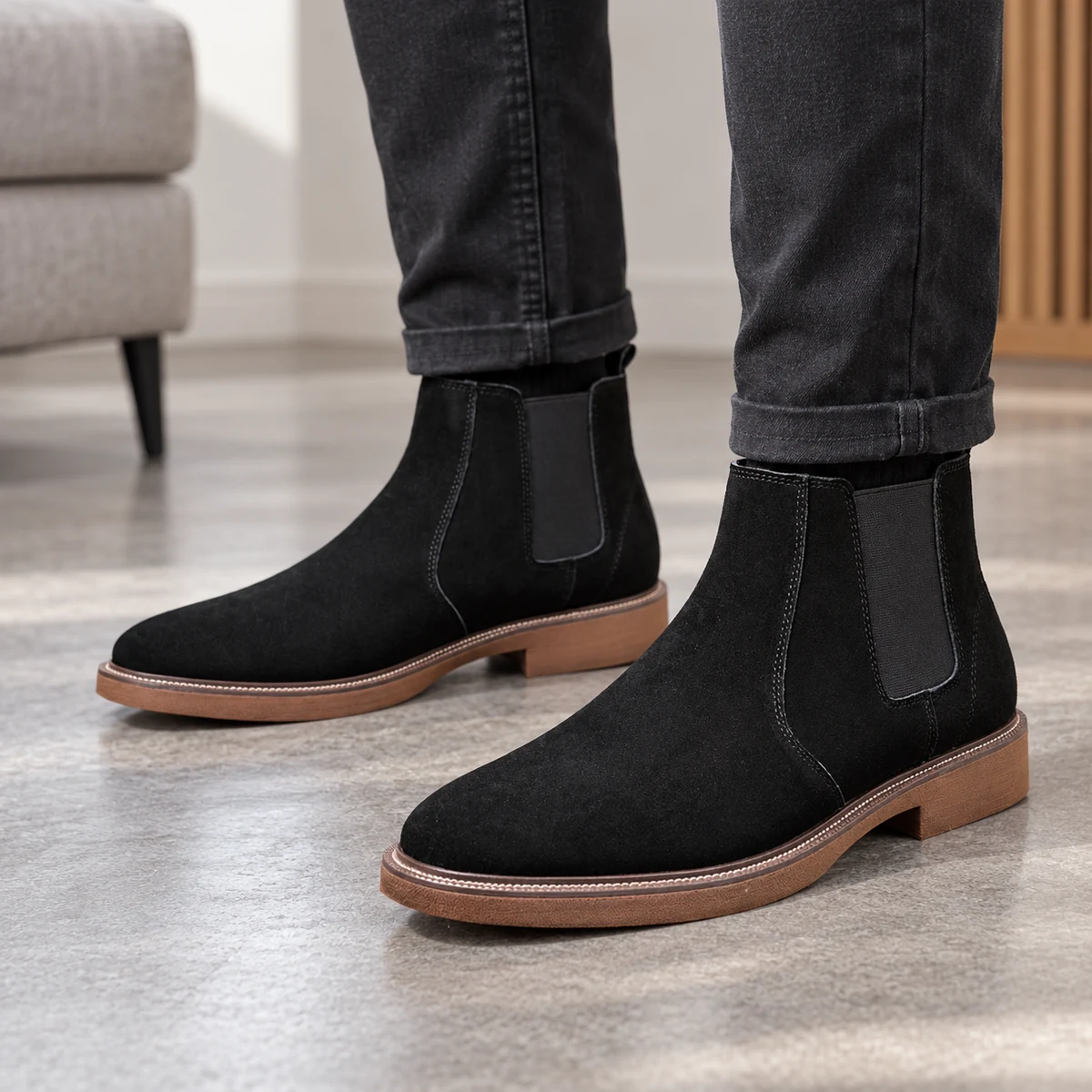 Détails des bottines Chelsea homme noires fourrées pour hiver semelle claire
