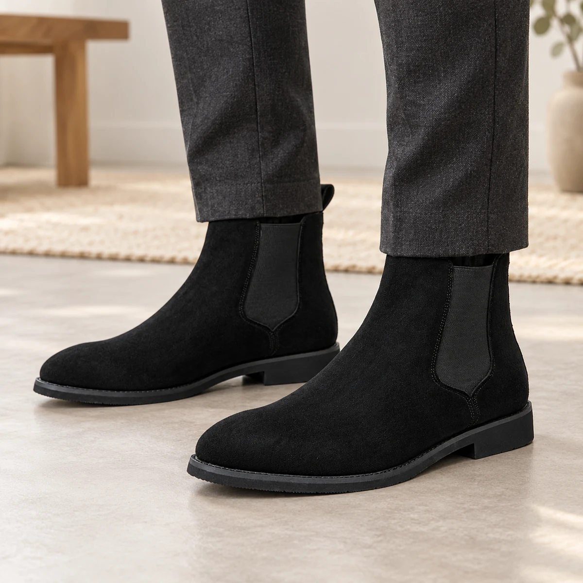Vue rapprochée des bottines Chelsea homme noires en velours avec bout arrondi