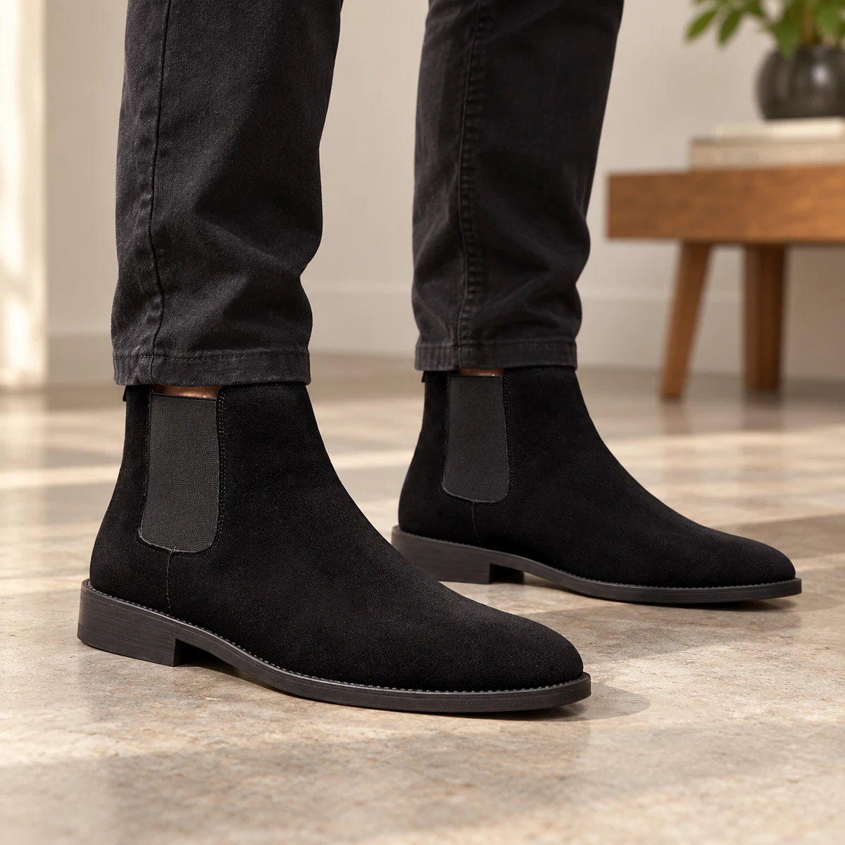 Vue frontale de bottines Chelsea pour homme en velours noir