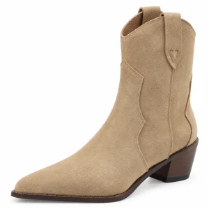 Bottines cowboy femme beige à talon carré avec détails en marron