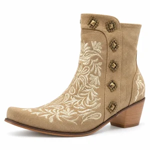 Bottines cowboy femme beiges avec broderies florales élégantes