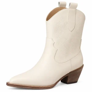 Bottines cowboy femme beiges à talon biseauté avec surpiqûres élégantes