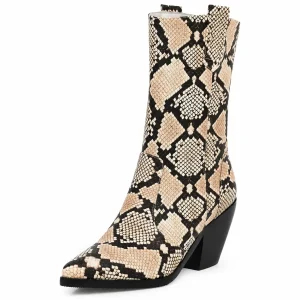 Bottines cowboy femme beiges et noires en effet serpent