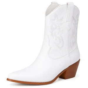 Bottines cowboy femme blanches à broderies ton sur ton élégantes