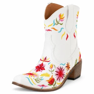 Bottines cowboy femme blanches à fleurs multicolores détails mode