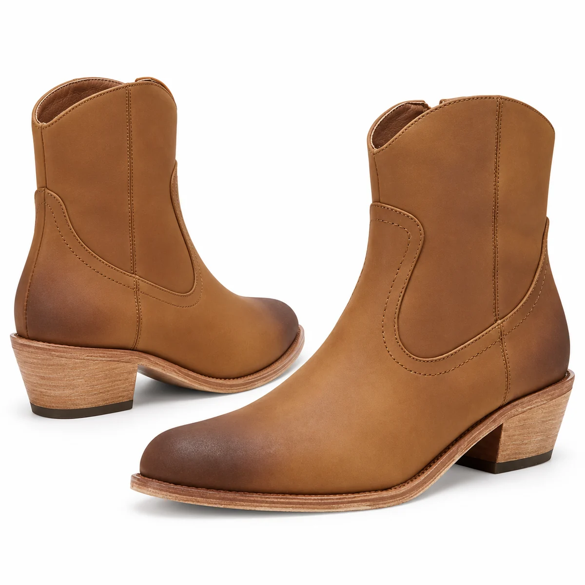 Vue latérale des bottines cowboy femme camel avec finition nuancée sophistiquée