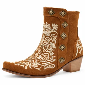 Bottines cowboy Femme camel avec motifs floraux et ornements rustiques