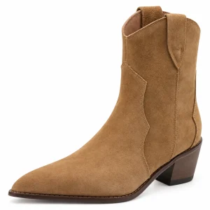 Bottines cowboy femme camel à tige veloutée pour un look Western chic
