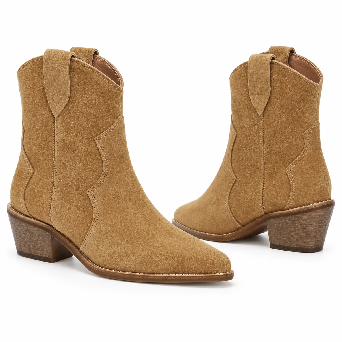 Bottines à talon femme cowboy élégantes en velours camel avec détails minimalistes