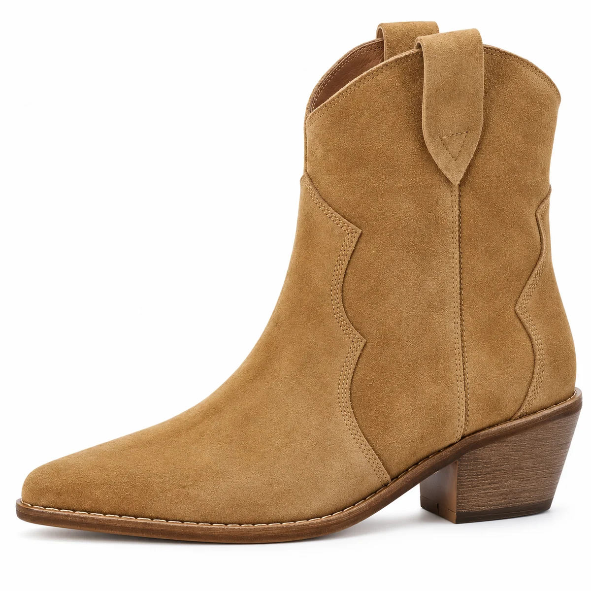 Chaussures cowgirl femme en velours camel avec design épuré et découpes sobres