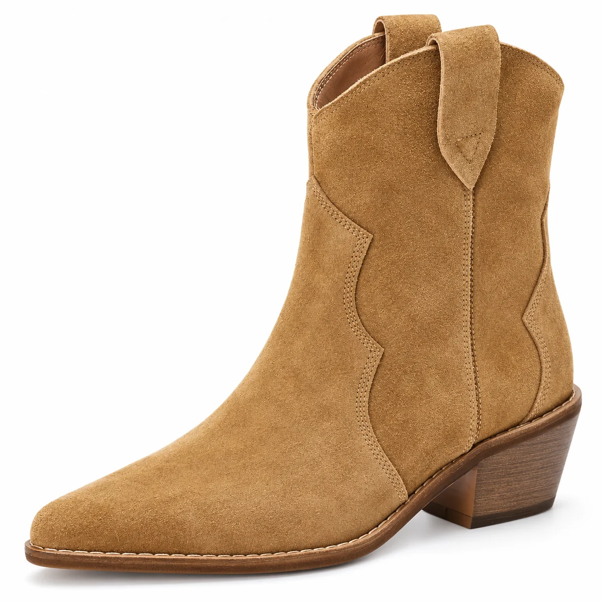 Bottines cowboy femme camel veloutées avec découpes sobres en gros plan