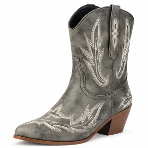 Bottines cowboy femme grises avec broderies claires en cuir