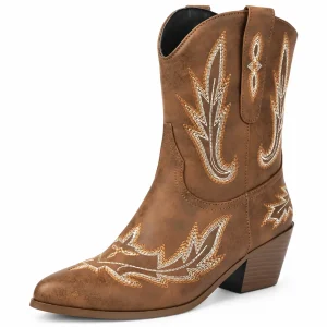 Bottines cowboy femme marron avec broderies beiges en cuir authentique