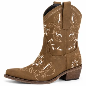 Bottines cowboy femme marron avec broderies florales élégantes
